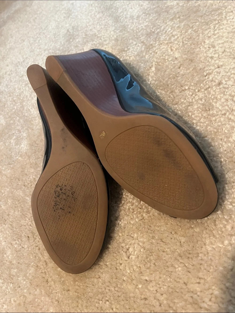 Tory Burch Black Patent Peep-Toe Wedge Flats